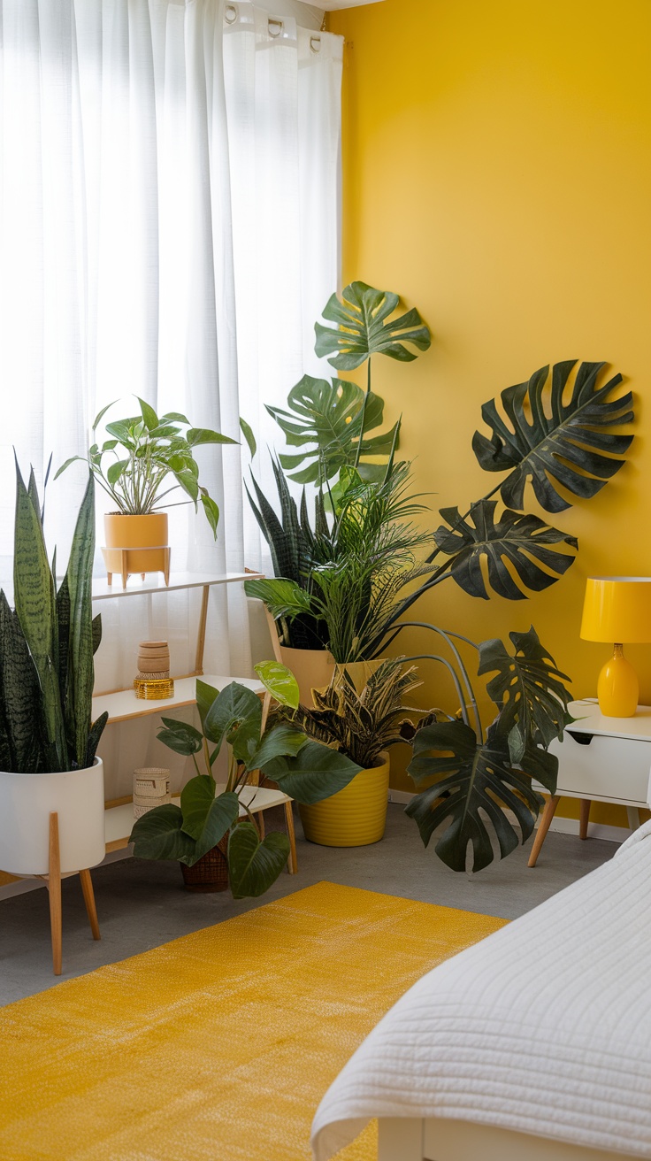 A bright yellow bedroom featuring various plants and a cozy atmosphere.