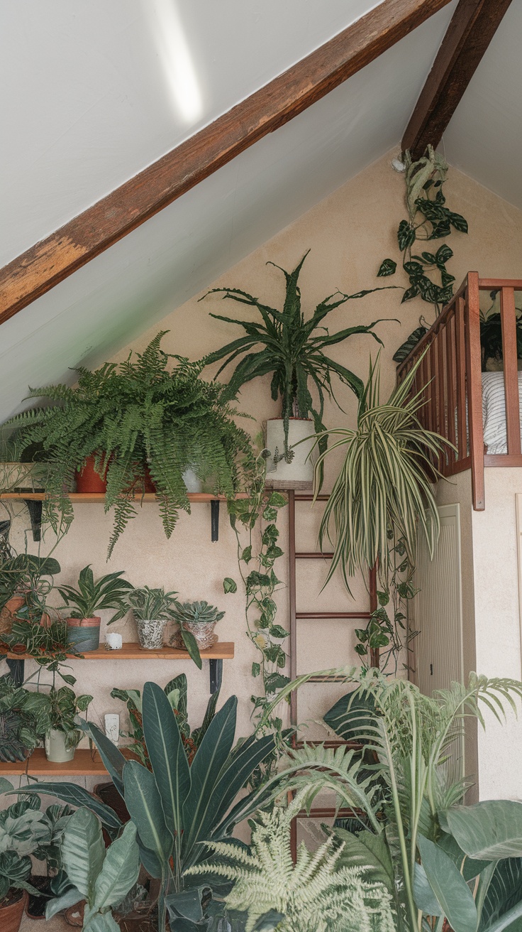 A cozy sloped ceiling bedroom filled with various indoor plants.