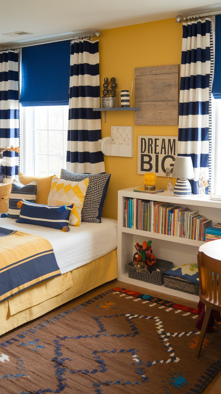 A bright yellow bedroom featuring various textured cushions, patterned curtains, and a cozy rug.