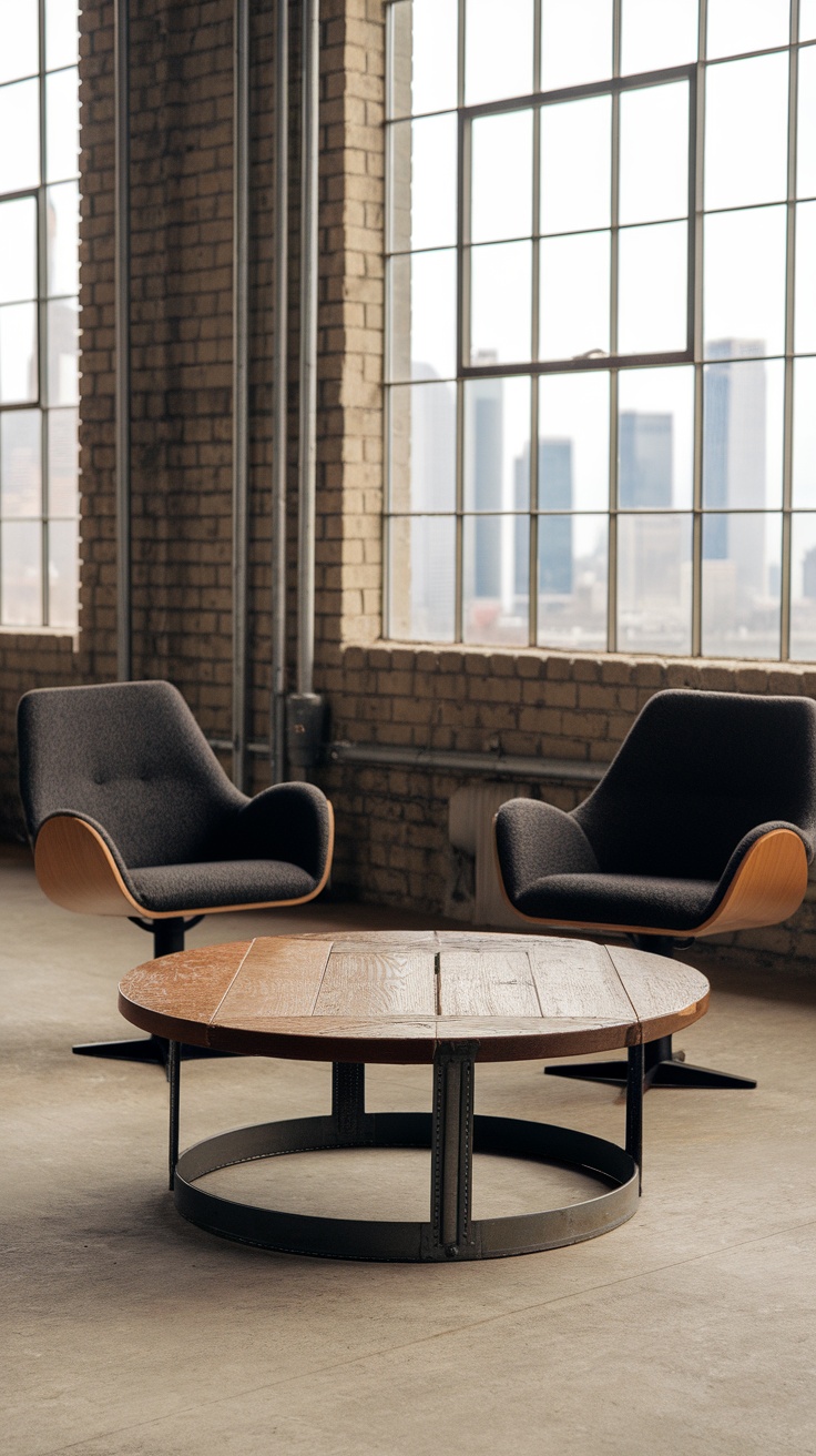 A round coffee table made of wood with a metal base, set in an industrial-style room with large windows and modern chairs.