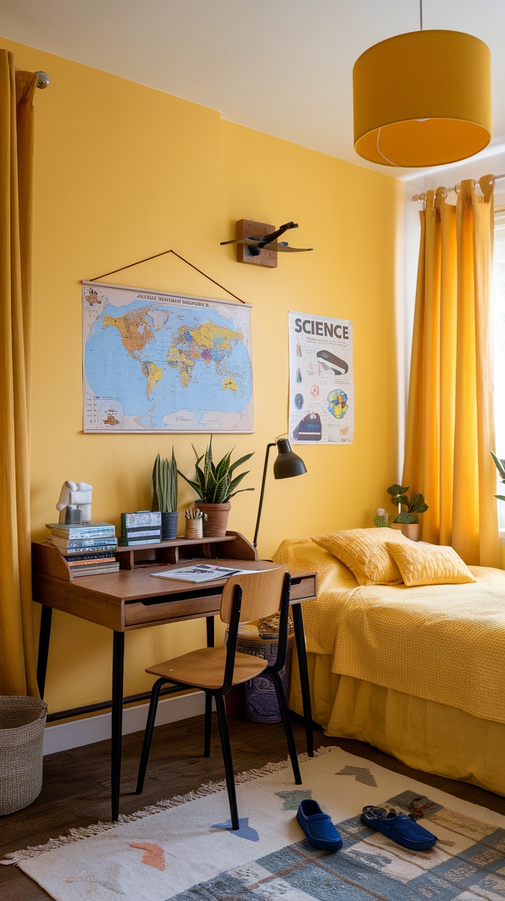 A bright yellow bedroom featuring a study desk, educational posters, and a cozy bed.