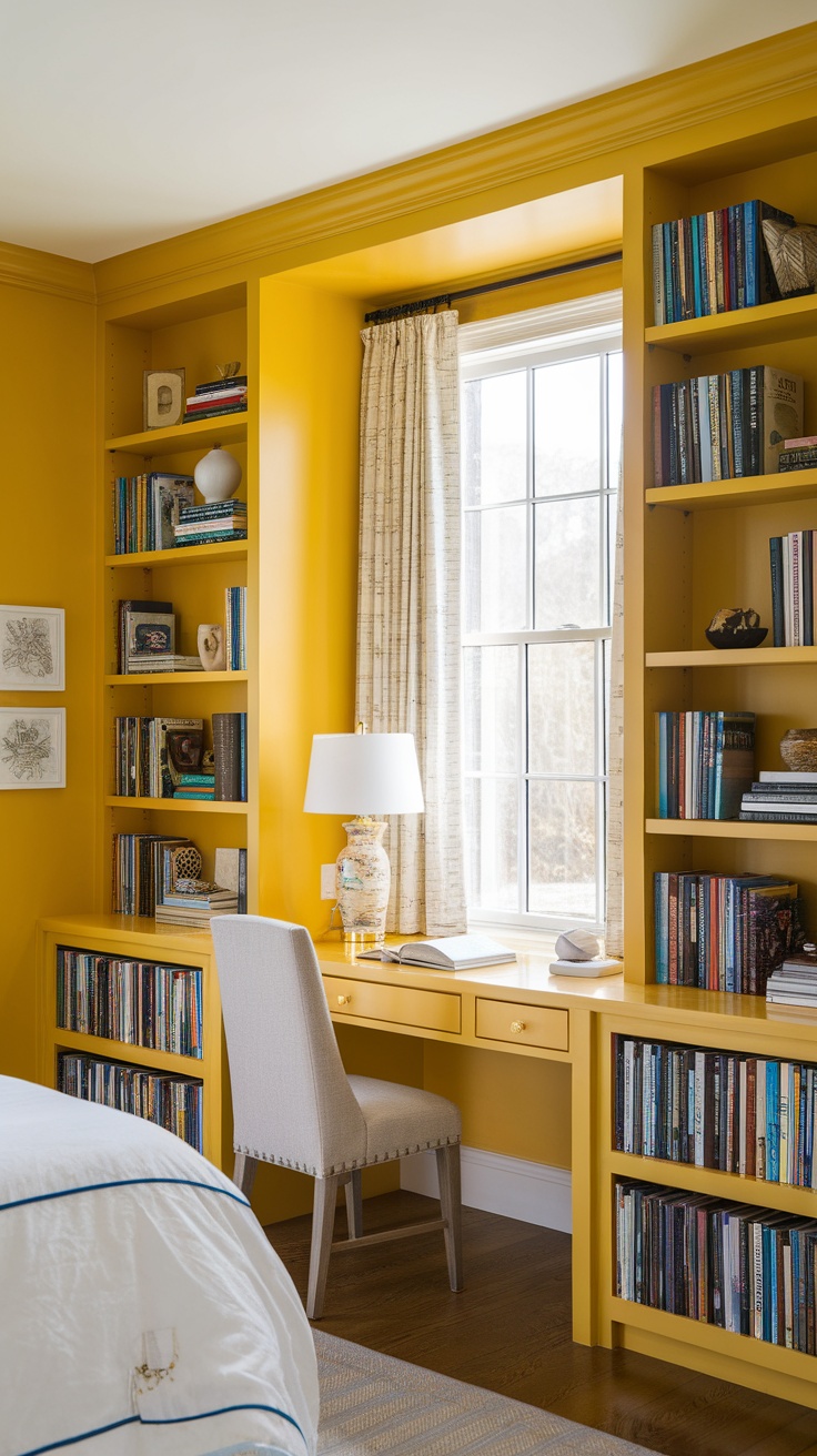 A cozy study area in a bright yellow bedroom featuring shelves filled with books and a desk by a window.