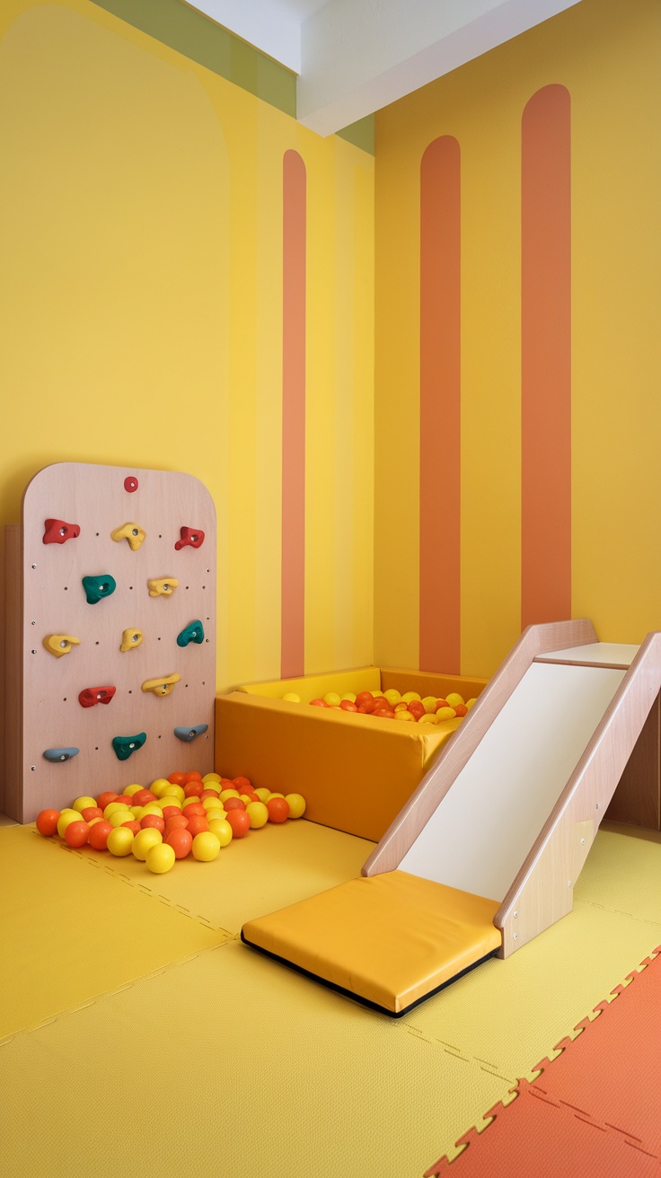 A playful yellow bedroom featuring a climbing wall, a slide, and a ball pit filled with colorful balls.