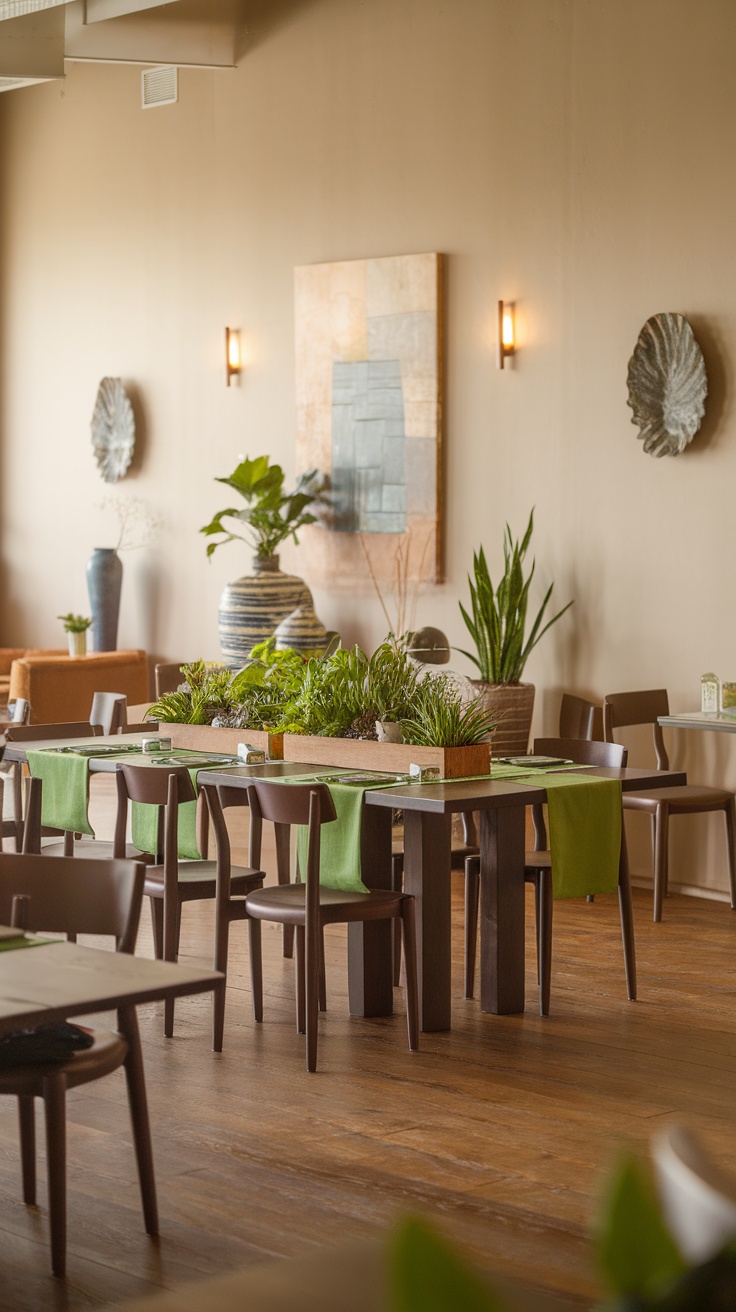 A cozy dining area featuring a wooden table with green accents, surrounded by plants and warm lighting.