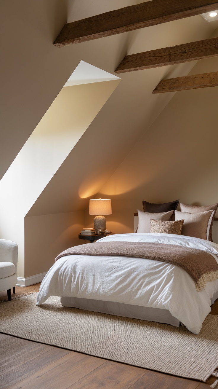 A cozy bedroom with a sloped ceiling, featuring layered textiles including a white duvet, brown throw blanket, and soft pillows.