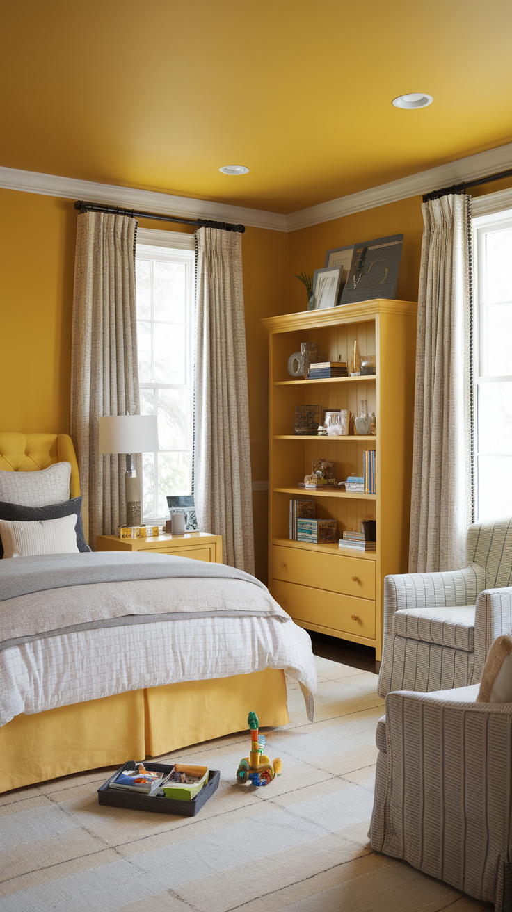 A bright yellow bedroom featuring neutral tones in furniture and decor