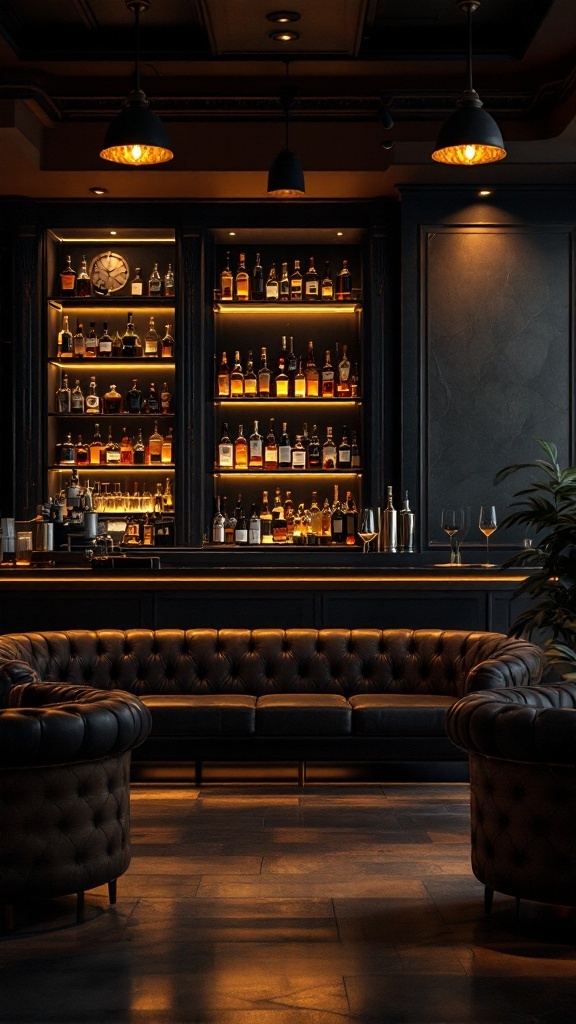 A stylish leather lounge area featuring a whiskey bar with dim lighting.