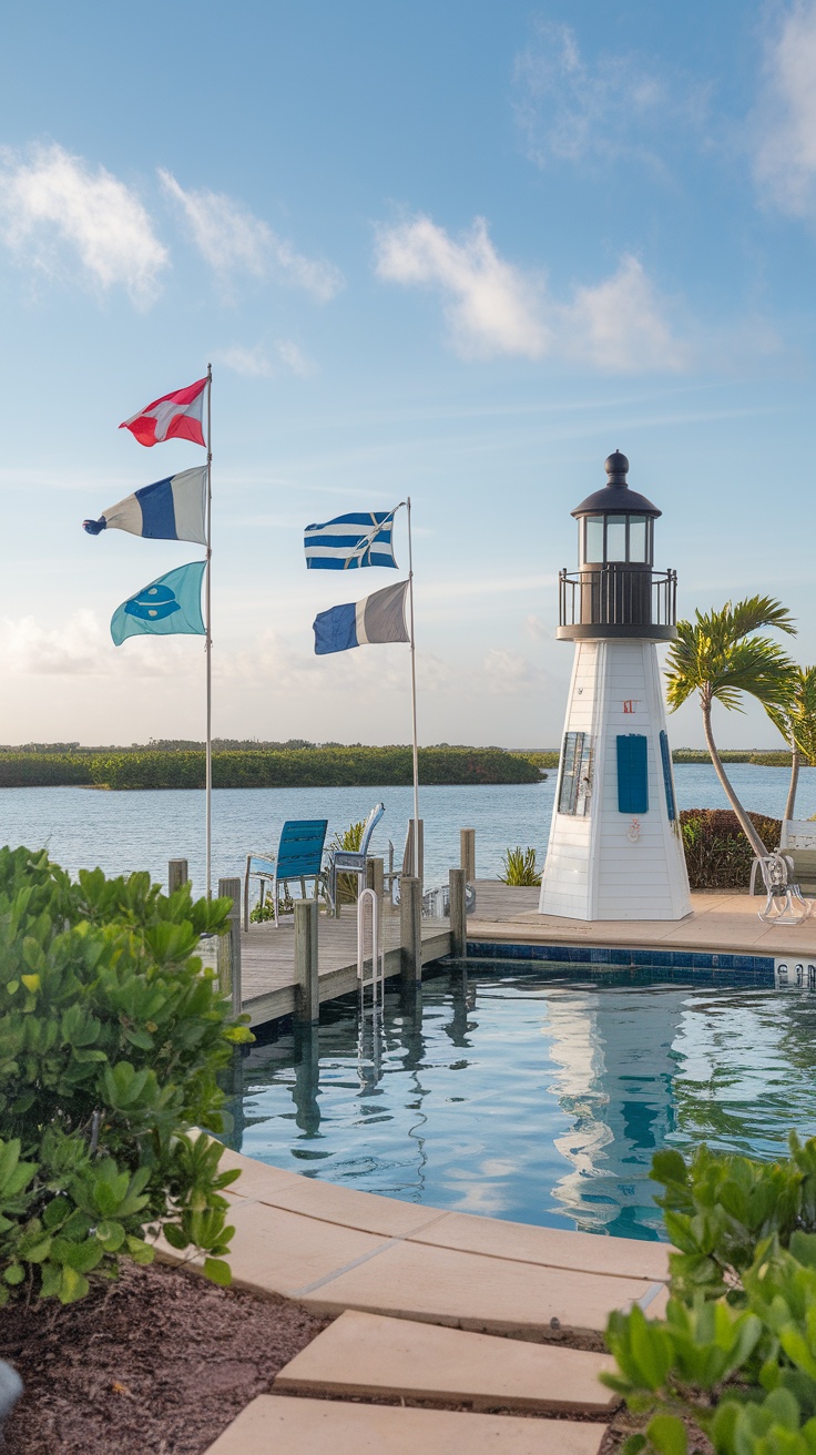 A lighthouse stands near a pool, surrounded by flags and greenery, under a blue sky.