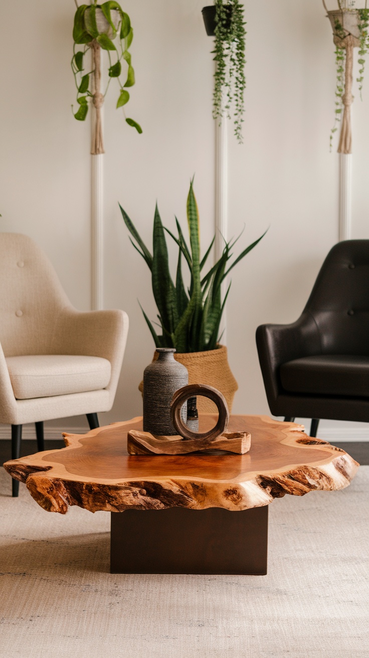 A live edge wood coffee table with a natural finish, surrounded by stylish chairs and plants.