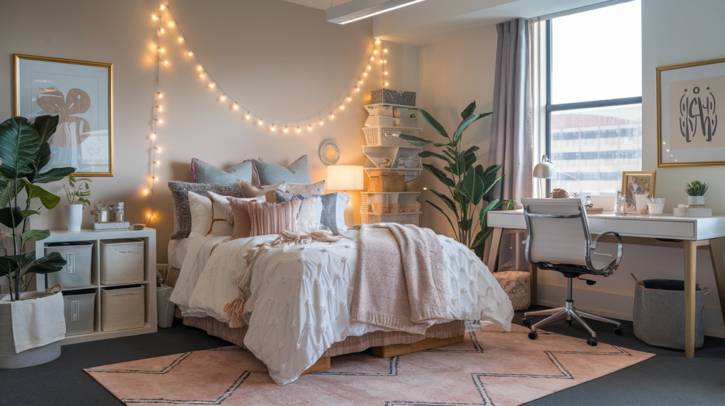 Luxurious dorm room with cozy bedding, stylish lighting, functional furniture, and personalized decor, creating a chic and comfortable space.