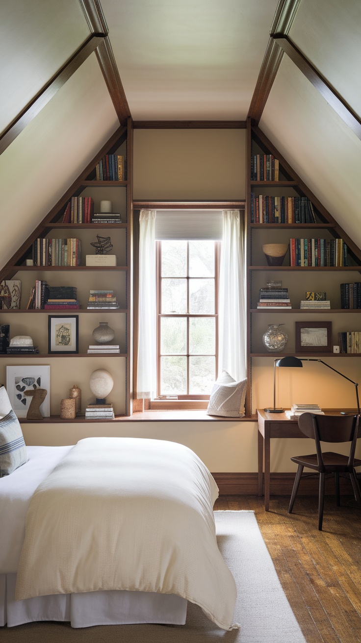 Cozy bedroom with sloped ceilings, featuring built-in bookshelves, a window, and a comfortable bed.