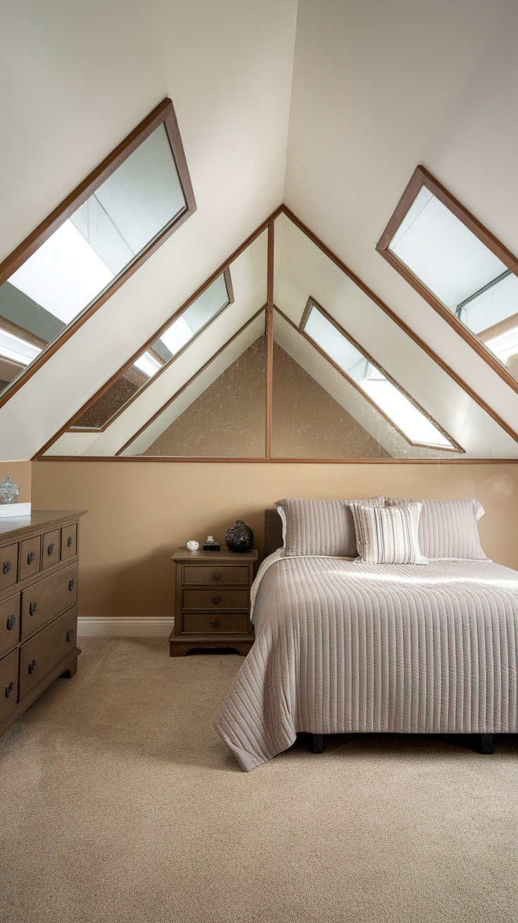 Cozy bedroom with sloped ceiling and angled mirrors enhancing the space.