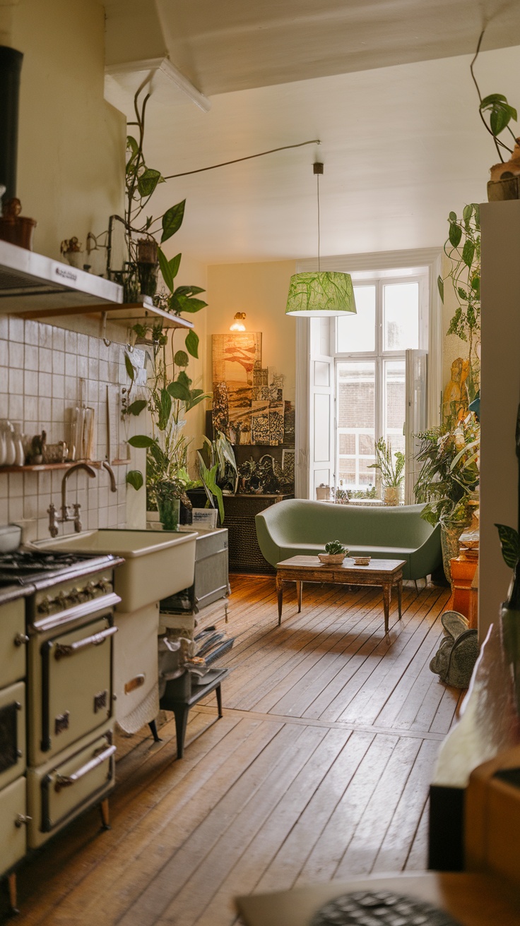 A cozy open concept kitchen and living room with vintage and modern elements, featuring plants and unique decor.