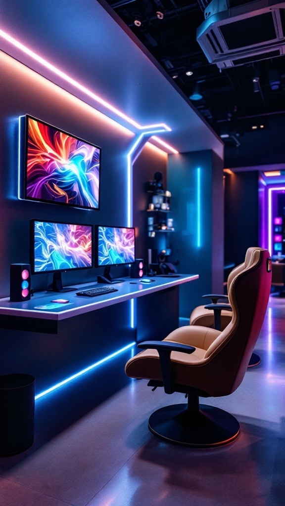 A modern gaming station featuring two monitors, a stylish gaming chair, and colorful LED lighting.