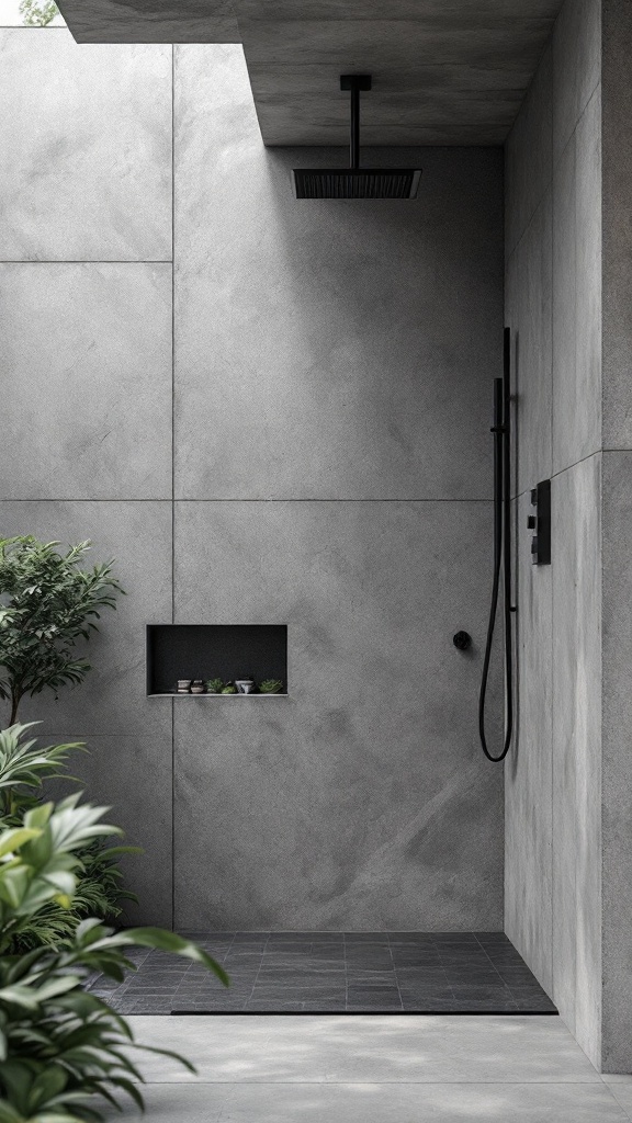 Minimalist outdoor shower with concrete walls and dark shower fixtures