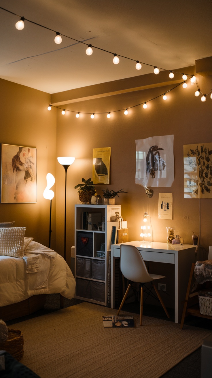 Cozy dorm room with mood lighting, including string lights and a floor lamp.