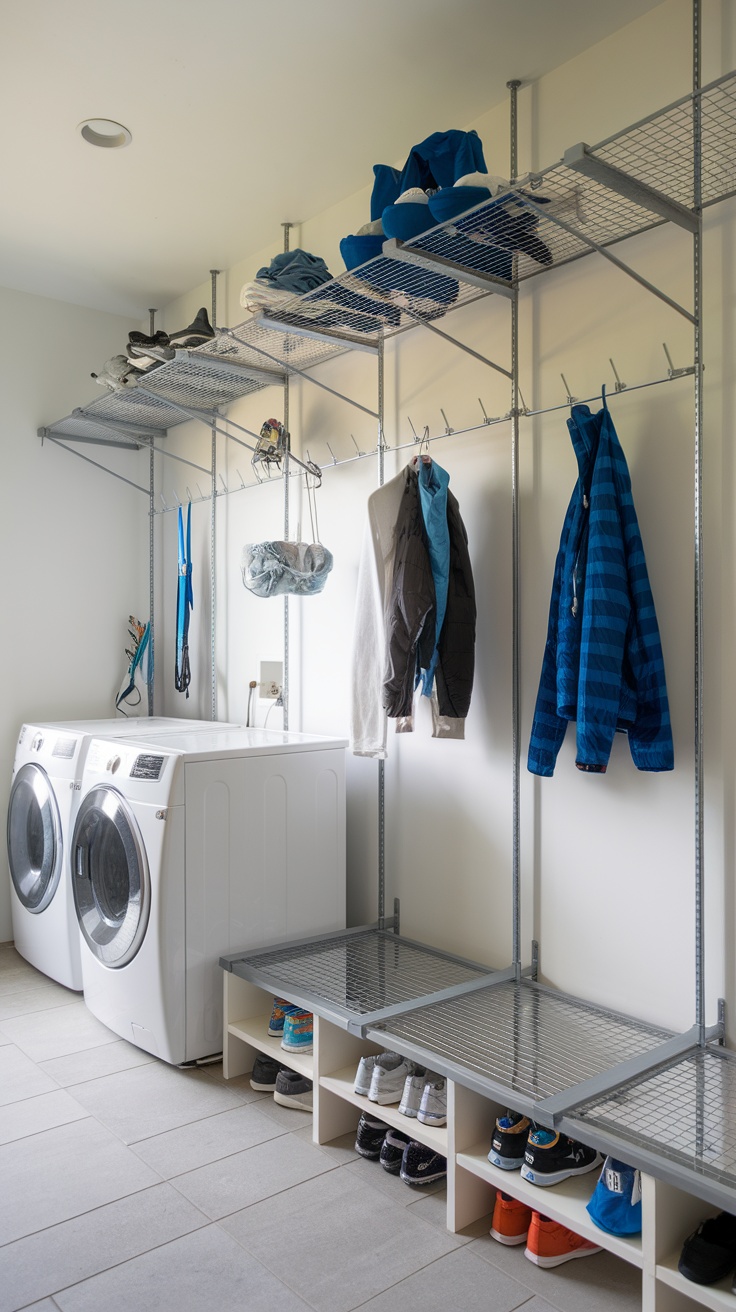 A modern mud room with a drying rack setup, featuring shelves and hanging space for clothes.