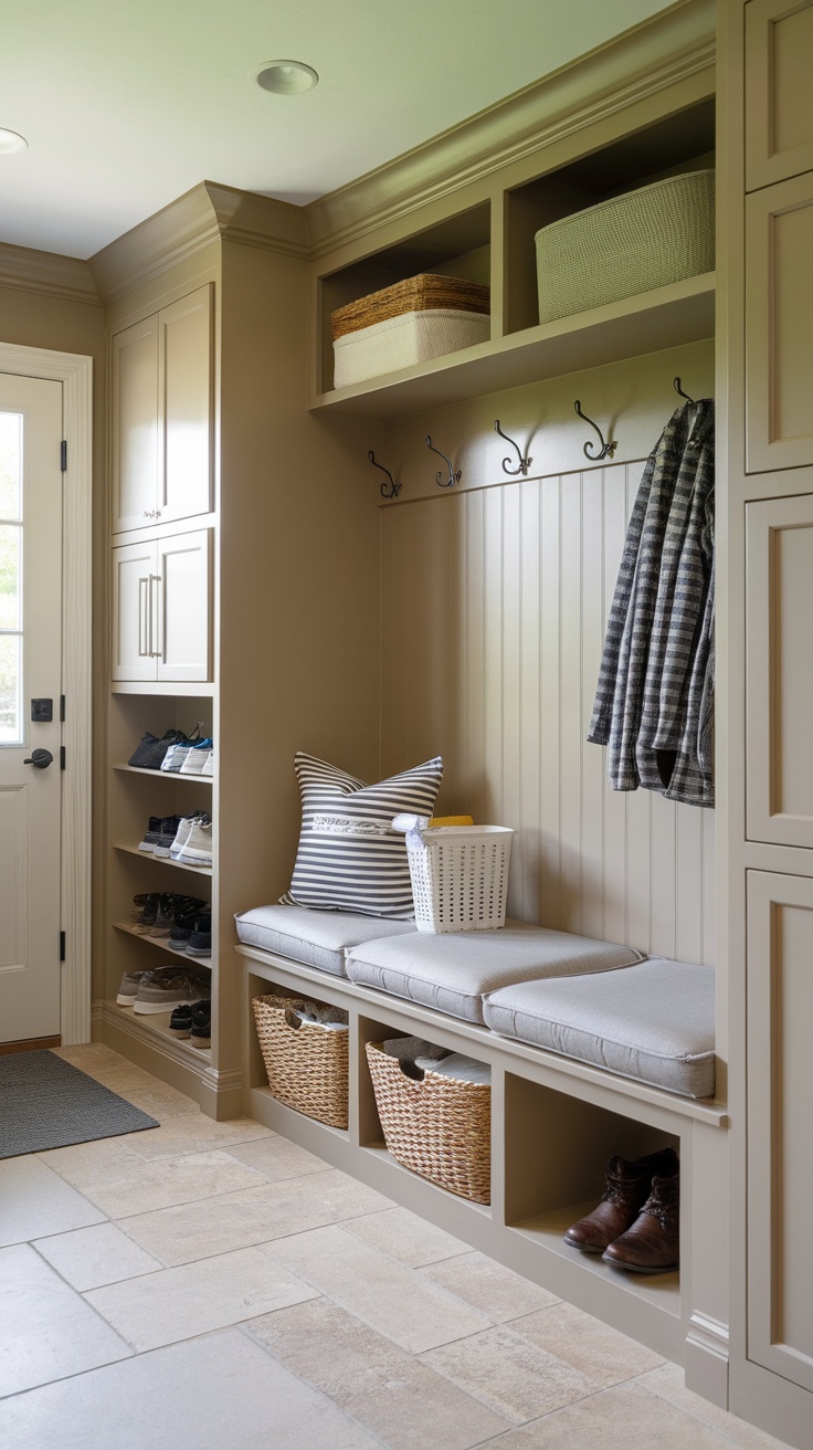 A stylish laundry mud room featuring a multi-functional bench with storage, hooks for coats, and a cozy atmosphere.