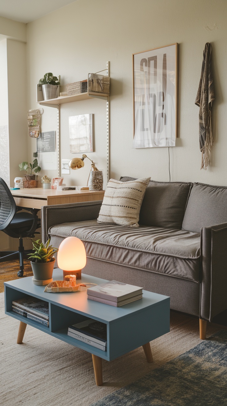 Stylish dorm room featuring a multi-functional couch and coffee table