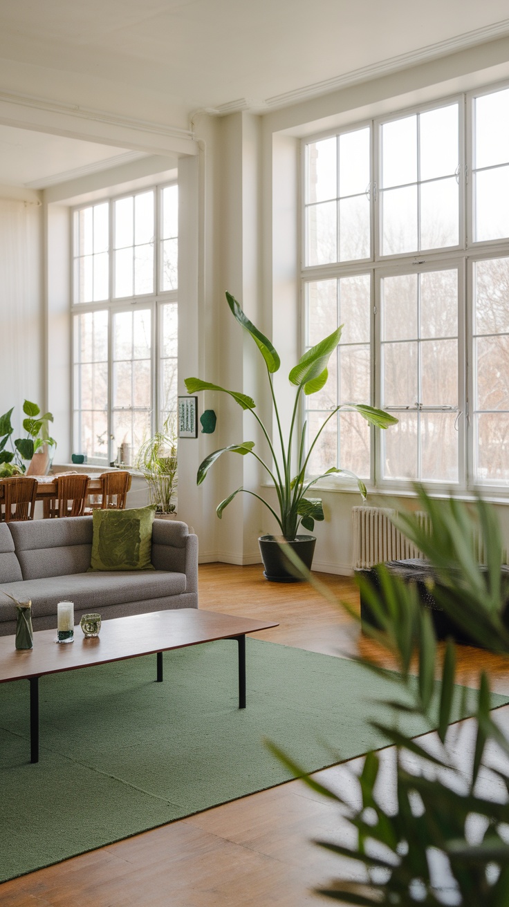 A bright, open concept kitchen and dining area with large windows and plants.