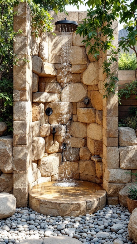 Natural stone outdoor shower with rock features and water flowing.