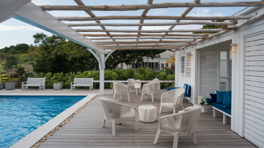 A serene poolside deck with a white pergola, modern wicker chairs, blue-accented seating, and lush greenery, perfect for relaxation.