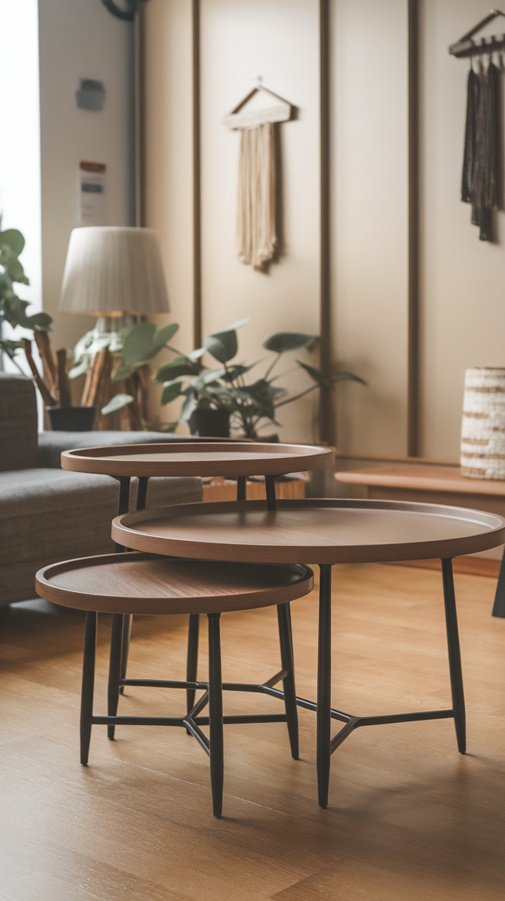 A set of three modern nesting coffee tables with round tops and slender legs.