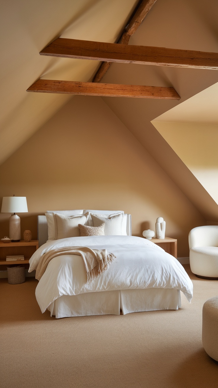 A serene bedroom with sloped ceilings, featuring a neutral color palette of beige and white.