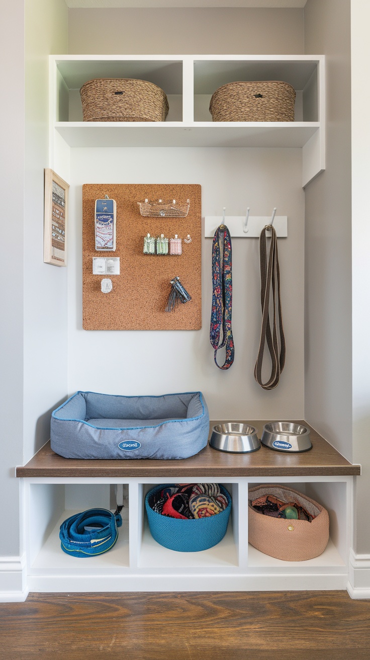 Organized pet supply nook in a laundry mud room with baskets, hooks, and pet bed.