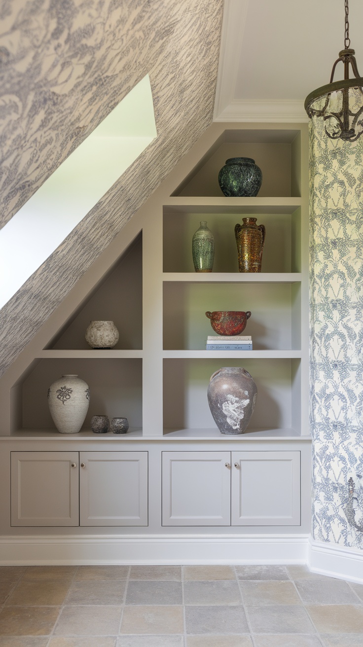 Open shelving with decorative vases and books in a sloped ceiling bedroom