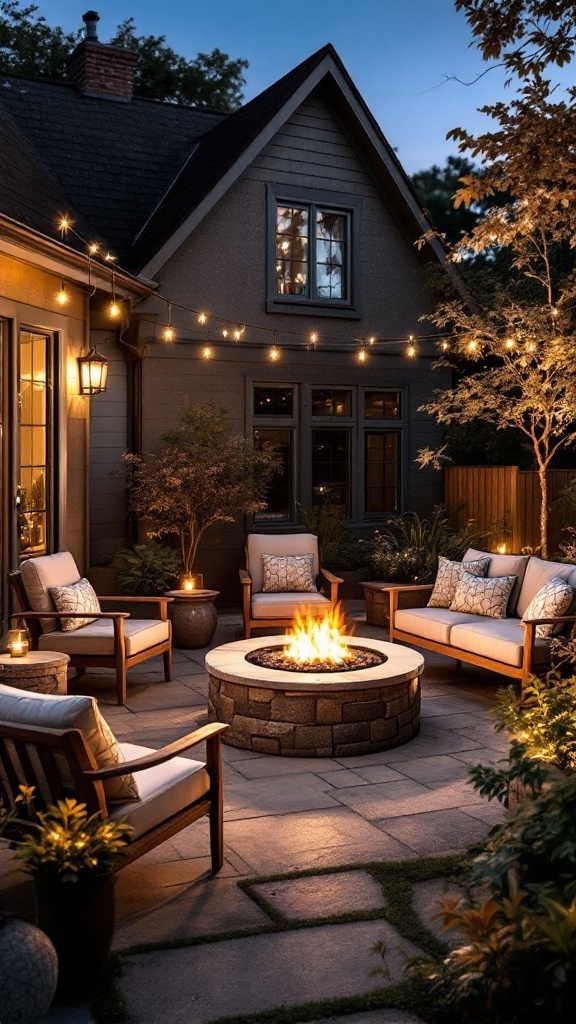 An outdoor patio featuring a stone fire pit surrounded by comfortable seating and string lights.