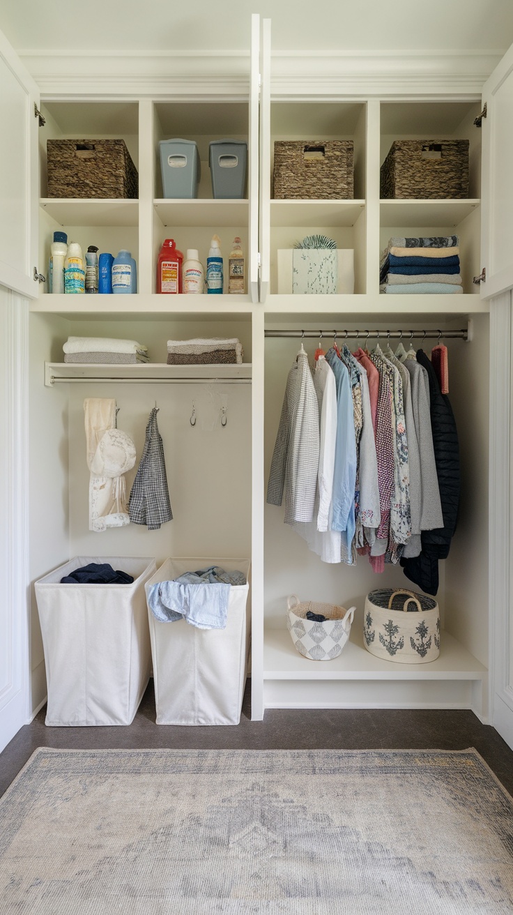 Laundry mud room with overhead cabinets storing cleaning supplies and clothes.