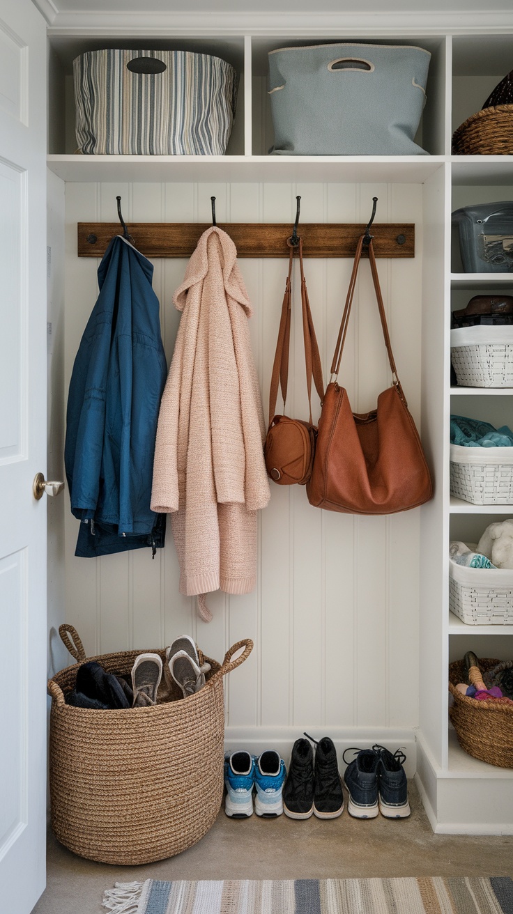 A well-organized mud room featuring peg racks for hanging coats and bags, along with storage baskets and neatly arranged shoes.