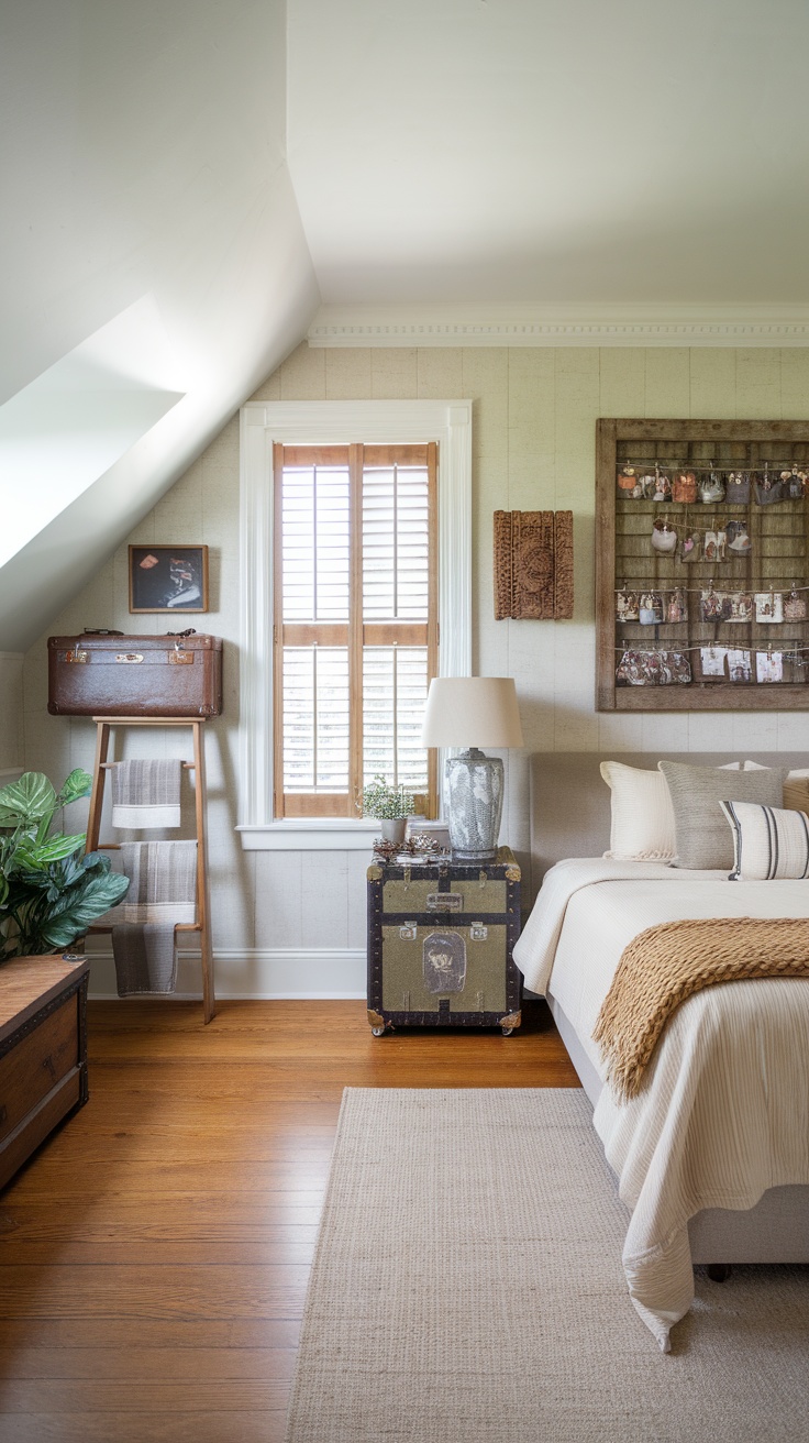 Cozy bedroom with sloped ceiling featuring vintage trunks, plants, and personal decor.