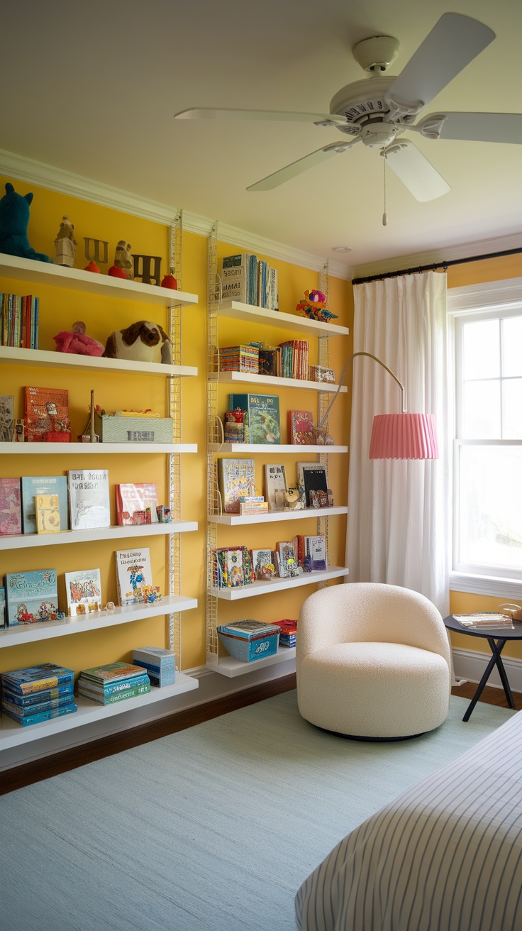 Bright yellow bedroom with personalized shelving units filled with books and toys.