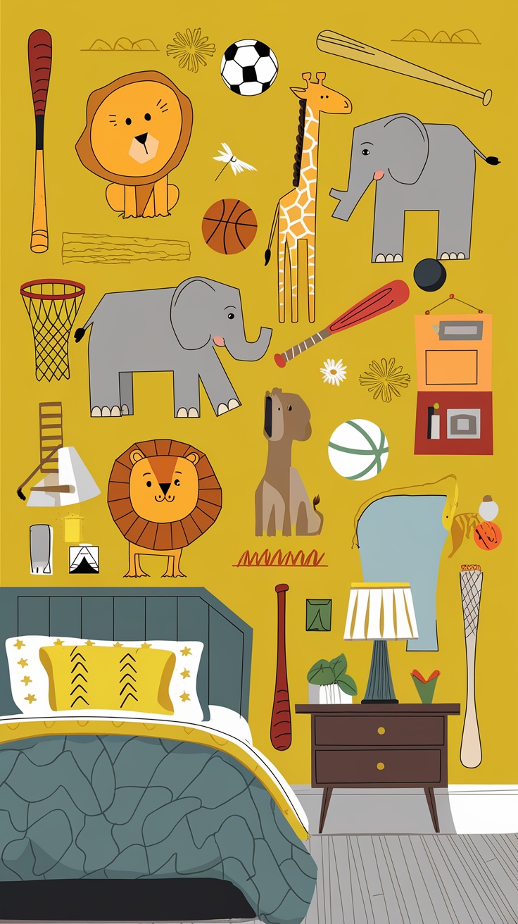 Colorful wall art in a yellow bedroom featuring animals and sports items.