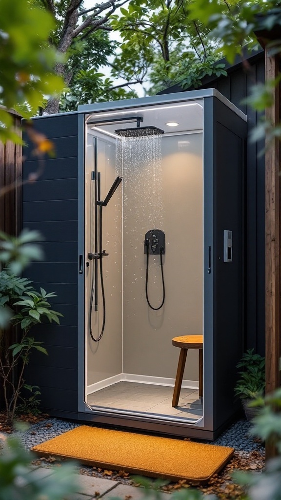 A modern portable outdoor shower with a sleek design surrounded by greenery.