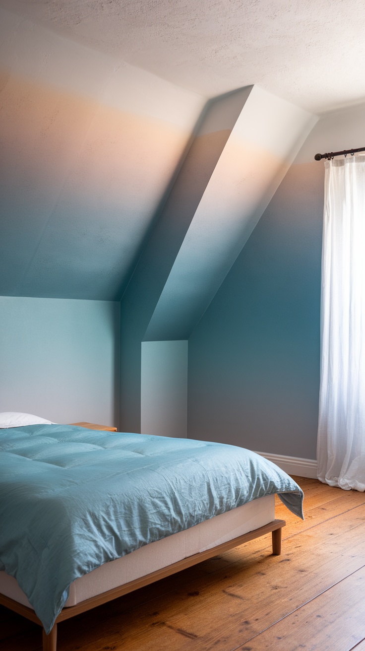 A bedroom with a sloped ceiling featuring a gradient wall design in soft blue and peach tones.