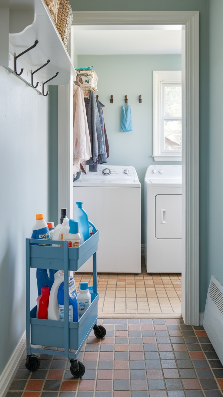 A laundry room featuring a rolling cart filled with cleaning supplies, showcasing practical storage ideas.