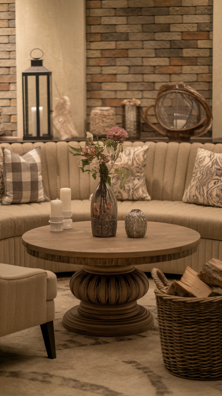 A round coffee table with a wooden base in a cozy living room setting.