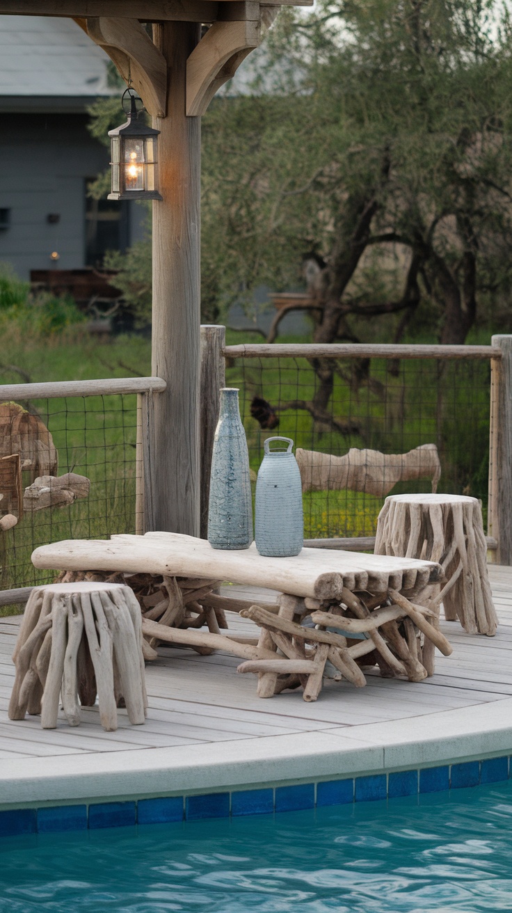 A rustic driftwood table with matching stools next to a pool, featuring blue vases on top.