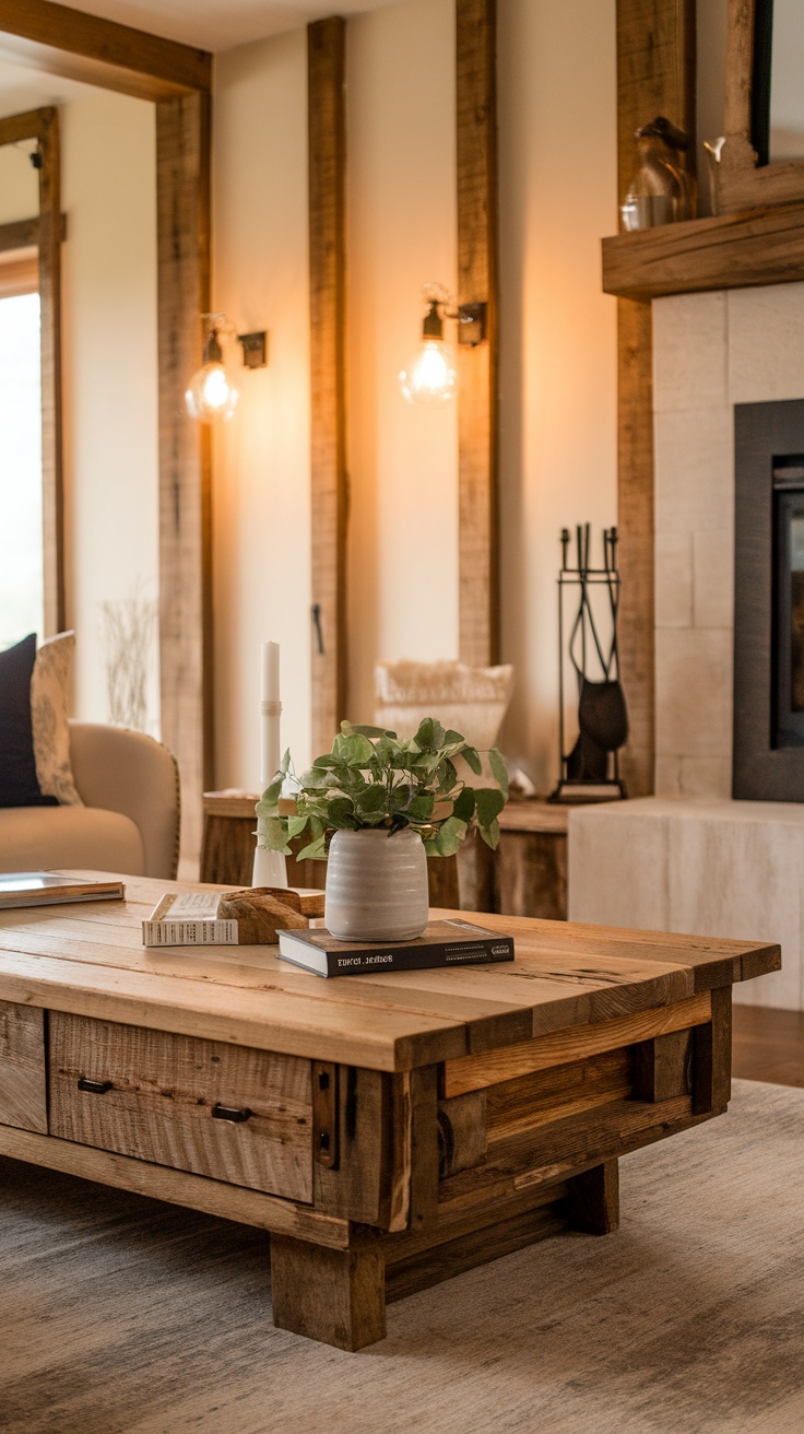 A rustic farmhouse coffee table made of natural wood with a plant and books on top.