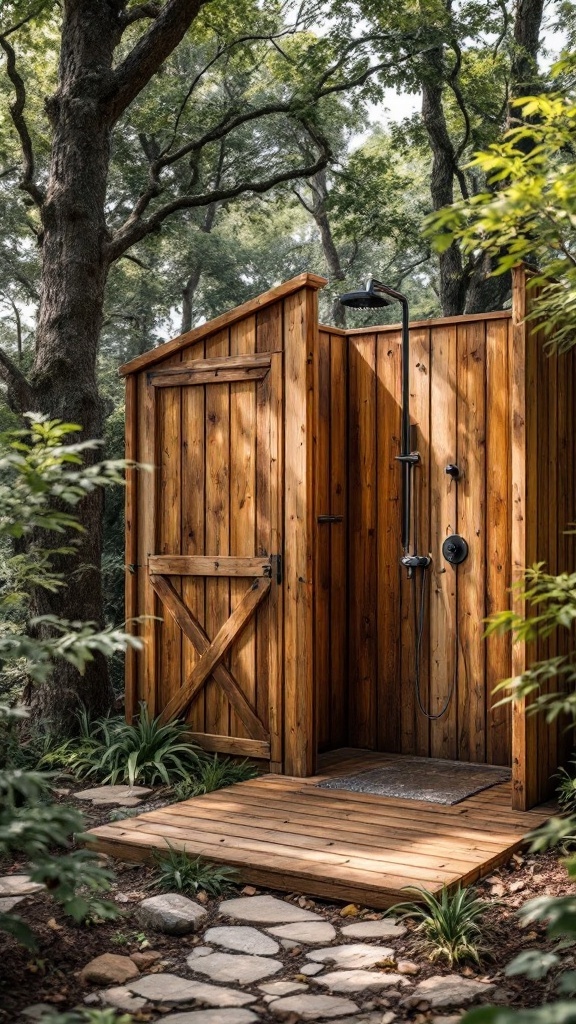 A rustic wooden outdoor shower nestled in greenery.