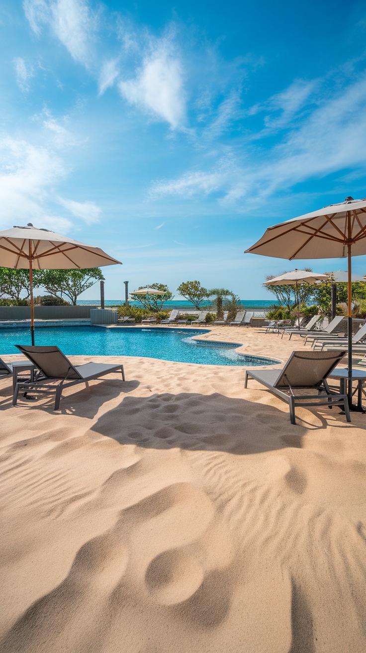 A pool deck featuring a sandy beach faux finish with lounge chairs and umbrellas under a clear blue sky.