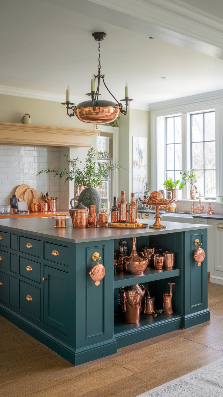 Teal kitchen island with copper accents and decorative items