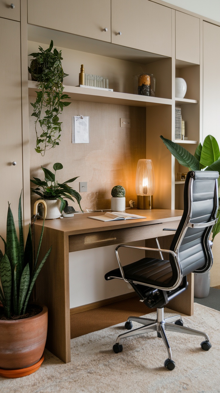 A stylish study nook featuring a wooden desk, a comfortable black office chair, and plants.