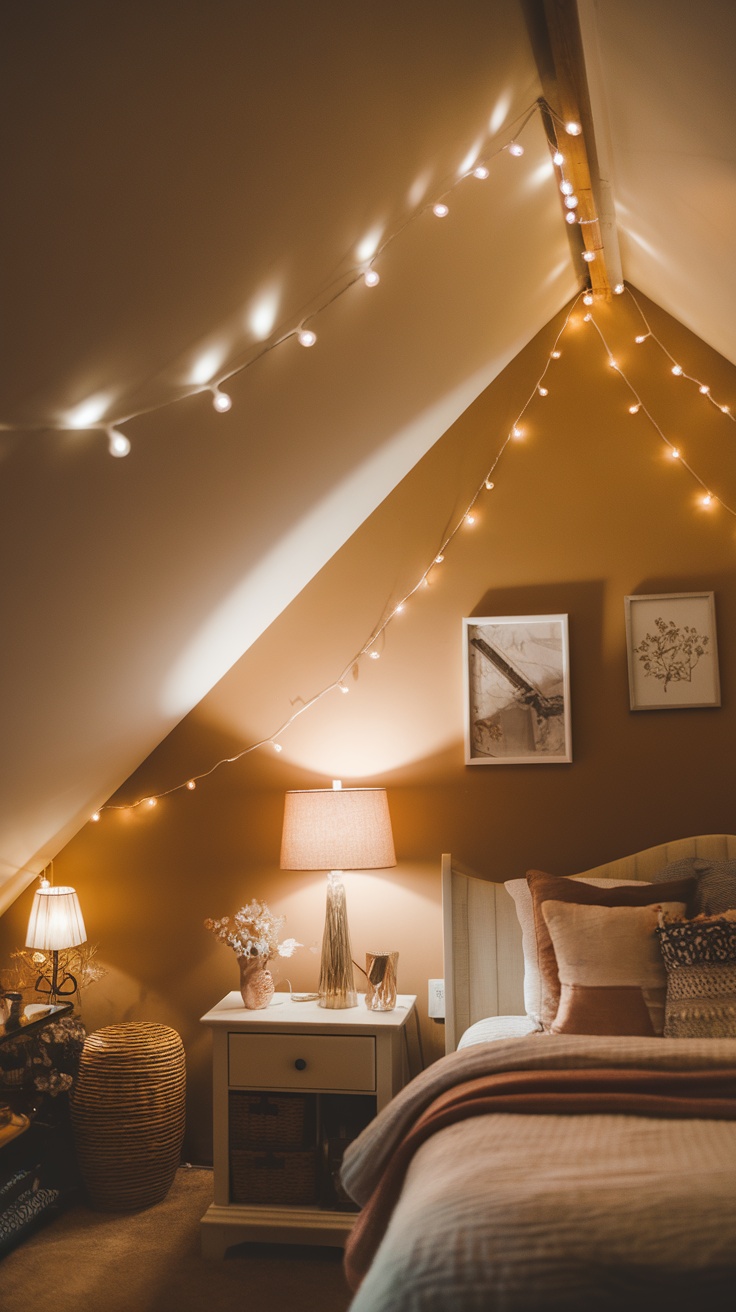 A cozy sloped ceiling bedroom with soft lighting from string lights and lamps.