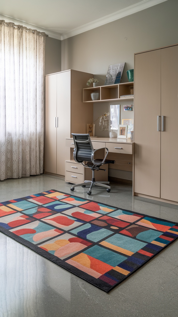 A colorful geometric rug placed on a smooth floor in a stylish dorm room setting.