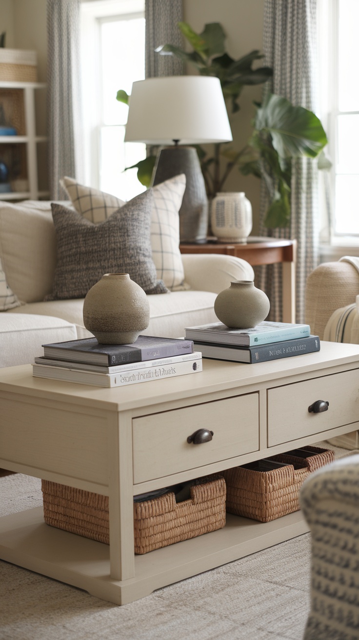 A stylish storage coffee table with drawers and decorative items on top.