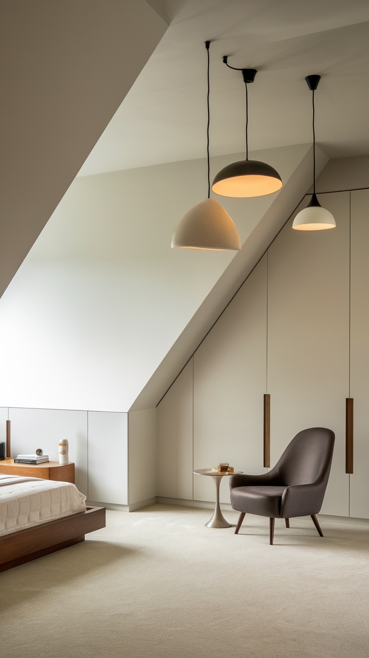 A modern bedroom with a sloped ceiling, featuring stylish pendant lights hanging above a bed and a comfortable chair.